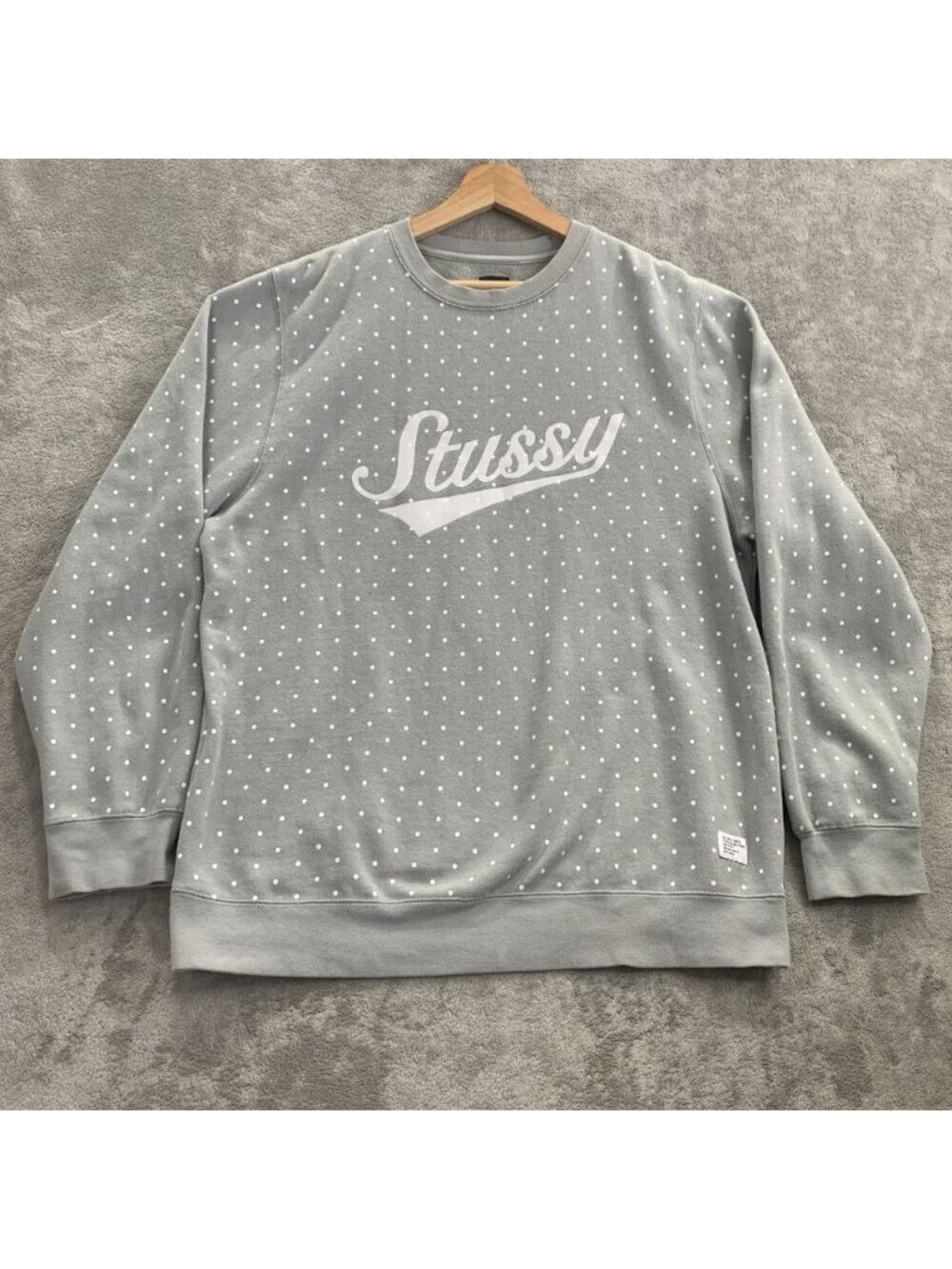 Stussy Crewneck Sweater Mens XL Gray Polka Dot Pattern Script Logo Streetwear